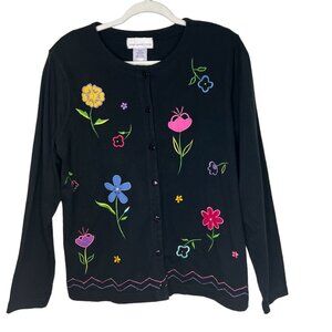 Vintage Susan Graver Style Black Floral Embroidered Button Front Cardigan‎